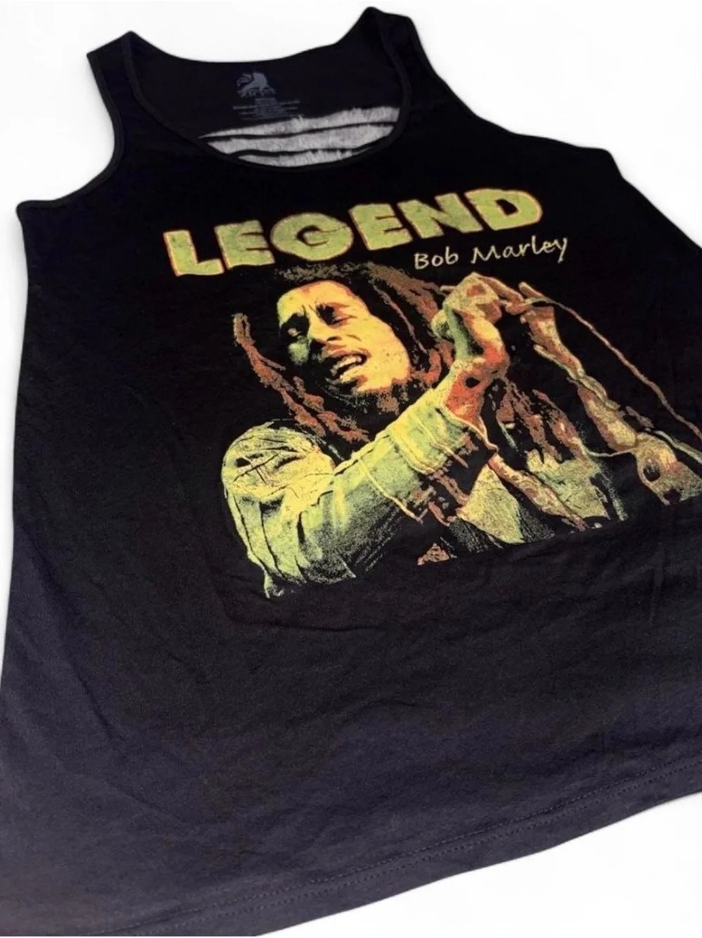 Zion Rootswear Black Tank Top with Yellow/Green Bob Marley 'Legend' Graphic